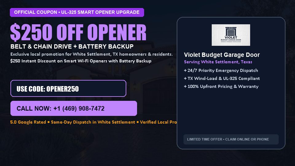 $250 OFF Smart Wi-Fi Garage Door Opener Installation in White Settlement, TX - Violet Budget Garage Door